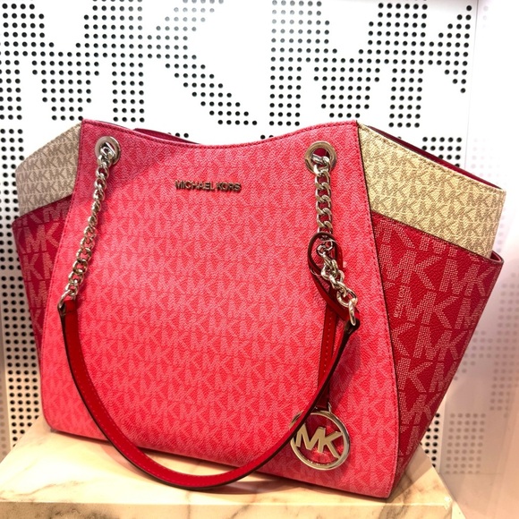 Michael Kors Jet Set LG Color-Block Signature Logo Shoulder Bag Dark Rasberry - Picture 2 of 11